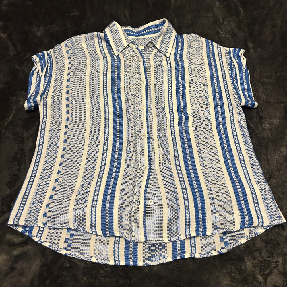 Blue and White Striped Short Sleeve Shirt